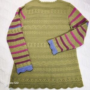 OLEANA Sweater Rare Norway Women V-neck Alpaca Knit Tunic Olive Green Stripe M